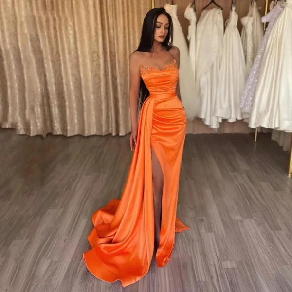 Orange prom dresses: Beaded off-shoulder bodycon with side slit