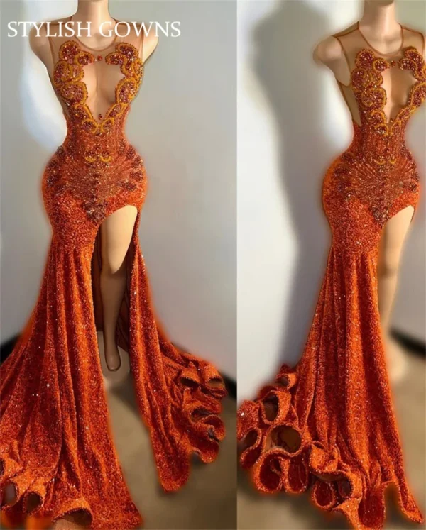 Orange prom dresses: Beaded, sequined, slit evening gowns for black girls