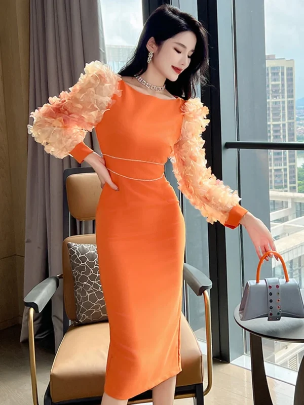 Elegant Orange Long Sleeve Dress For Women Prom Office Party - Image 5