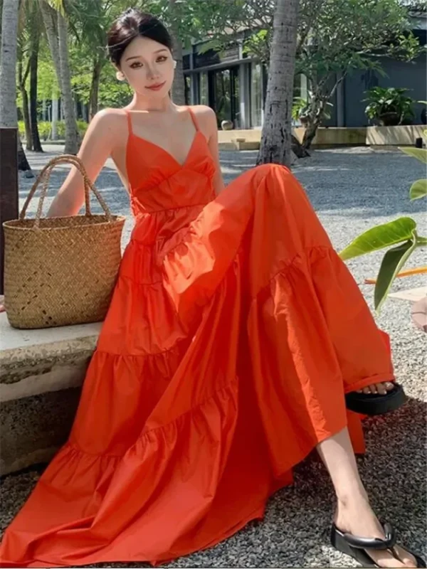Orange Backless Halter Maxi Dress Summer Beach Holiday A-Line Style - Image 6