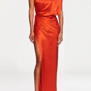Luxury Orange One-Shoulder Prom Gown with Open Leg for Women