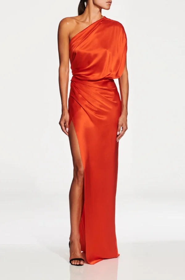 Luxury Orange One-Shoulder Prom Gown with Open Leg for Women
