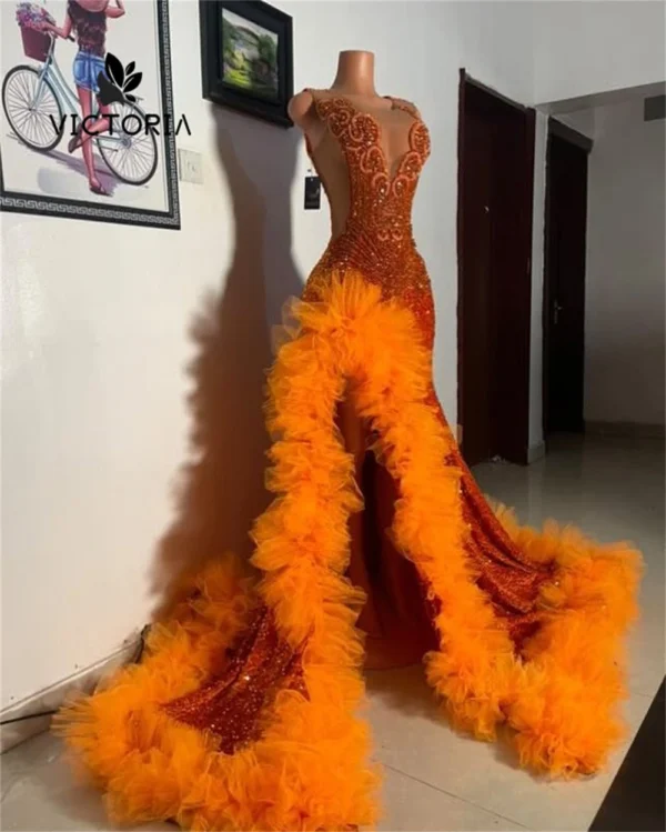 Orange Sequin Mermaid Prom Dress Crystal Beading Ruched Split Gown