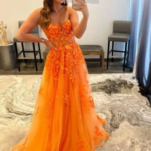 Orange Strapless Sweetheart Tulle A-Line Lace Applique Prom Dress