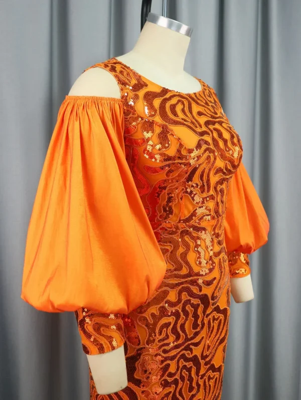 Orange Sequined Cold Shoulder Bodycon Dress For Evening Parties - Image 3