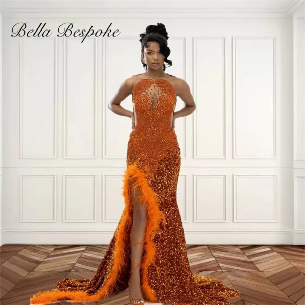 Orange Prom Dresses Sequin O-neck Feather Crystal Bead Gown For Women