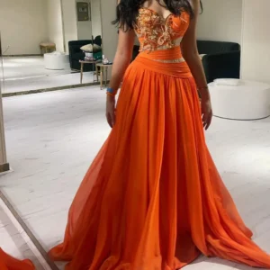 Orange Chiffon Sweetheart Beaded Pleated Sequined Floor-Length Dress