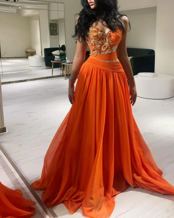 Orange Chiffon Sweetheart Beaded Pleated Sequined Floor-Length Dress