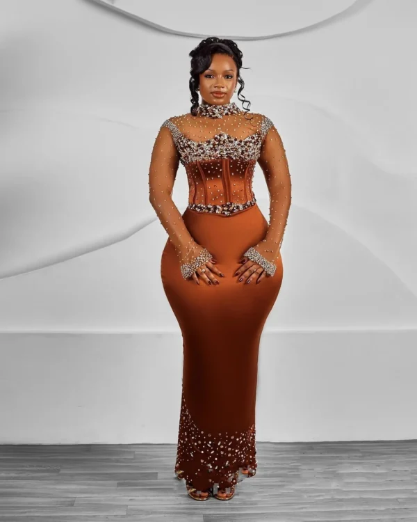 Elegant Aso Ebi Orange Beaded Satin Sheath Prom Dress For Women