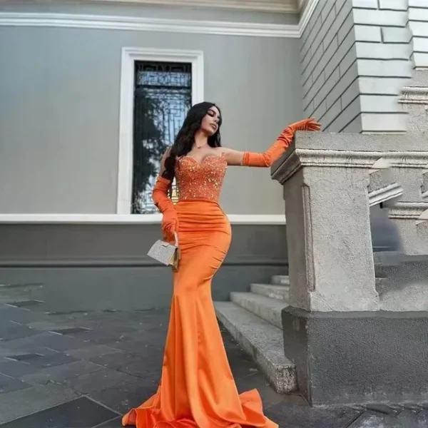 Orange Prom Dresses Mermaid Beaded Crystal Gown With Two Gloves