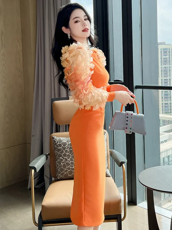 Elegant Orange Long Sleeve Dress For Women Prom Office Party - Image 4