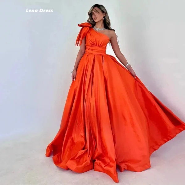 Elegant One Shoulder Orange Satin Evening Dress For Weddings Party - Image 3