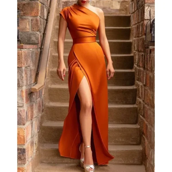 Elegant Orange Sleeveless Dress with High Waist and Slanted Shoulder - Image 3