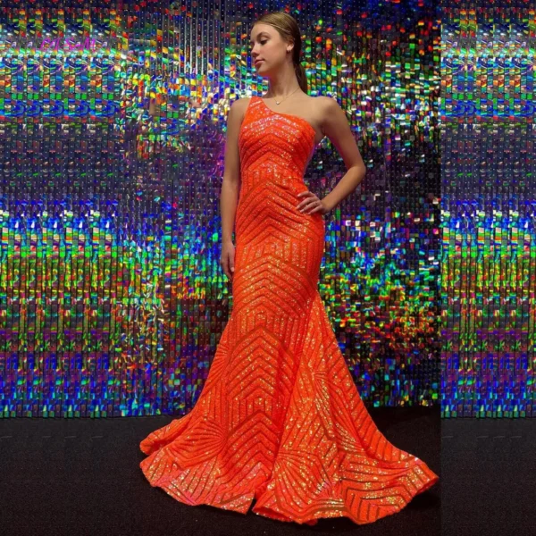 Orange Prom Dresses One-Shoulder Sequined Mermaid Floor-Length Gown