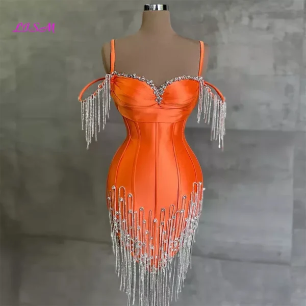Orange prom dresses, mermaid mini cocktail dress with crystal tassels - Image 3
