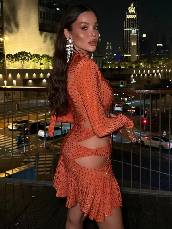 Orange High Collar Bodycon Party Dress with Tassels and Rhinestones - Image 3