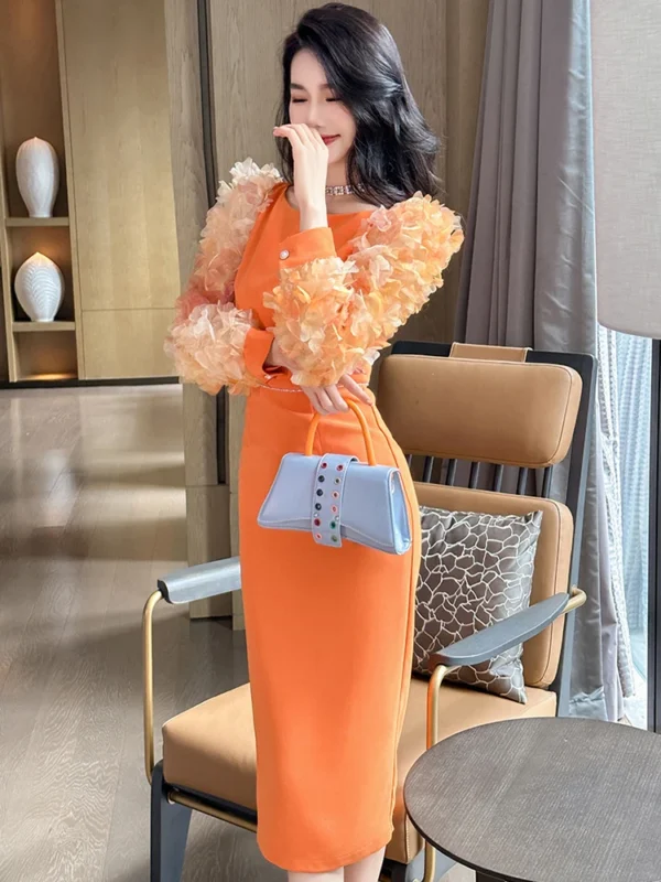 Elegant Orange Long Sleeve Dress For Women Prom Office Party - Image 6