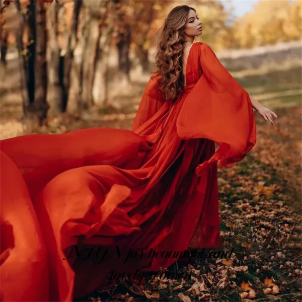 Orange V Neck Chiffon Prom Dress Full Sleeve Ball Gown Customized