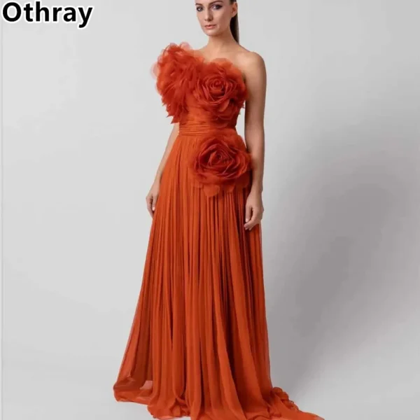 Orange Prom Dresses: Handmade Ruffled Floral Evening Gown