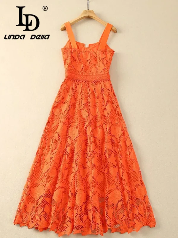 Orange Suspender Lace Hollow Dress For Women Summer Party Wear - Image 3
