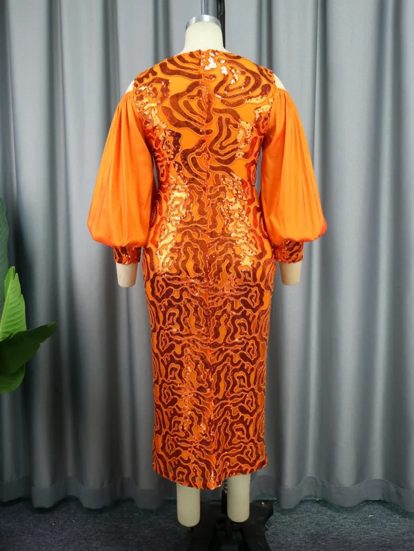 Orange Sequined Cold Shoulder Bodycon Dress For Evening Parties - Image 4
