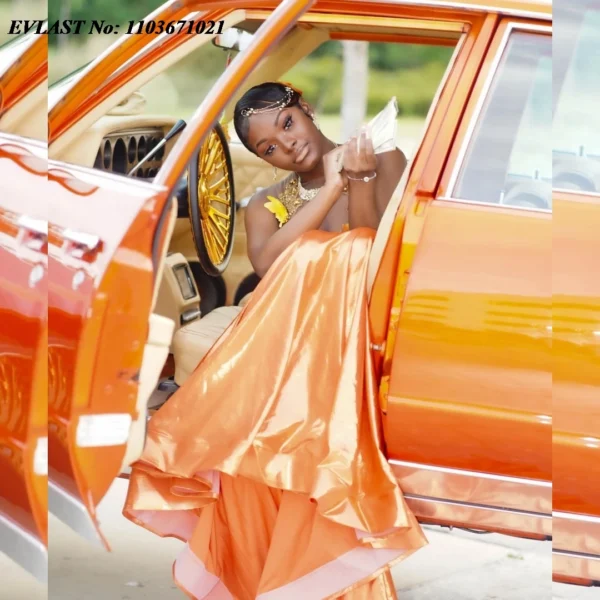 Orange prom dresses, customized mermaid gown with golden crystals and beads - Image 5
