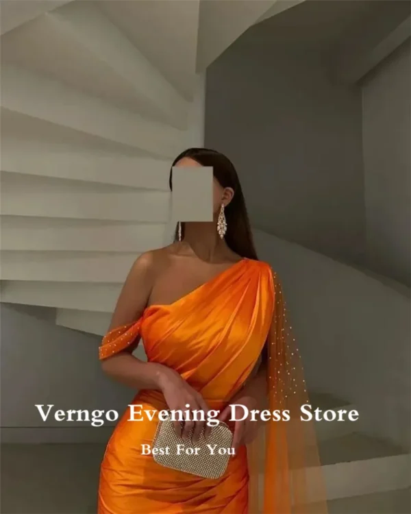 Orange prom dresses: Satin mermaid gown with sequin tulle cape - Image 4