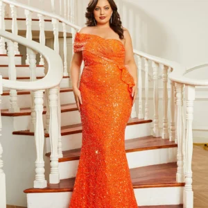Plus Size Orange Prom Dress One Shoulder Sequin Mermaid Evening Gown