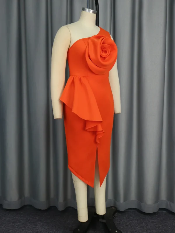 Orange One Shoulder Ruffled Bodycon Dress Elegant Wedding Guest - Image 4