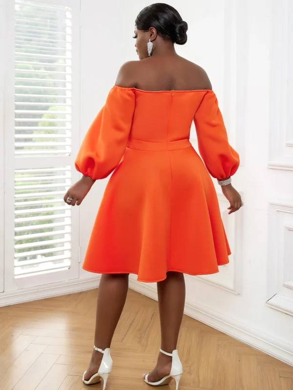 Orange Plus Size Scuba Skater Dress with Lantern Sleeves & Bowtie Detail - Image 6