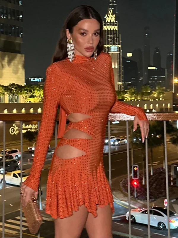 Orange High Collar Bodycon Party Dress with Tassels and Rhinestones - Image 6