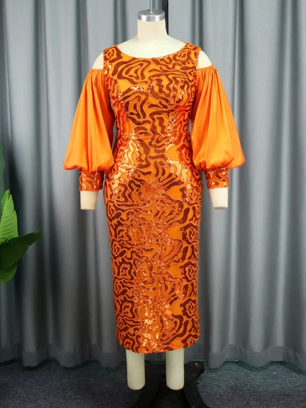 Orange Sequined Cold Shoulder Bodycon Dress For Evening Parties - Image 2