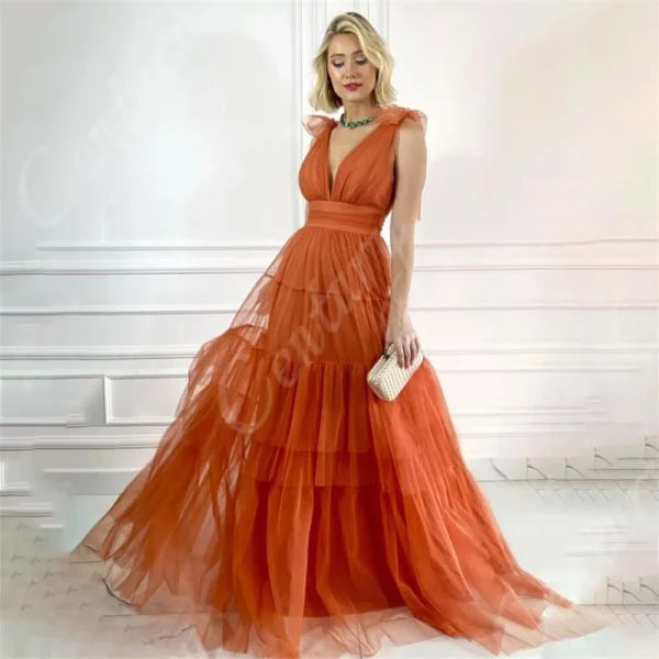 Orange Prom Dresses: Double V Neck Tulle A-Line Evening Gown