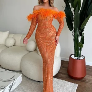 Orange Off Shoulder Feather Sequin Mesh Bodycon Evening Party Dress