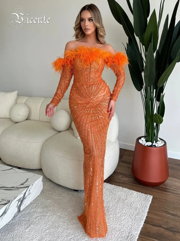 Orange Off Shoulder Feather Sequin Mesh Bodycon Evening Party Dress