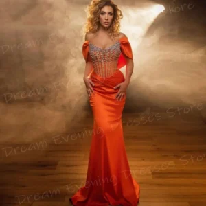Modern Orange Mermaid Evening Dress Off Shoulder Prom Gown
