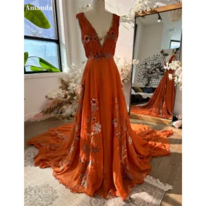 Orange Prom Dress V-Neck Chiffon Sleeveless Floral Long Train A-Line Evening Gown
