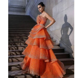 Orange Prom Dress Strapless Crystal Tiered Sleeveless Sparkly Evening Gown