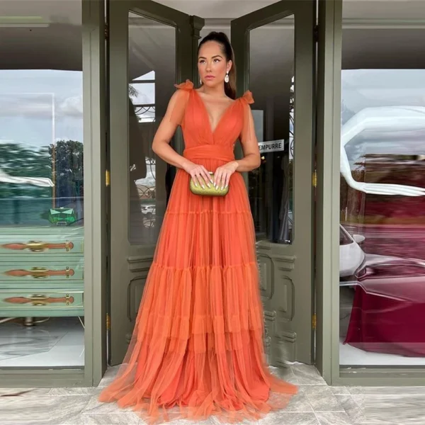Simple Tulle A-Line Orange Prom Dress V-Neck Open Back Gown Women