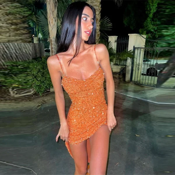 Orange Prom Dresses, Glitter, Short Front, Long Back, Sweetheart, Spaghetti Straps