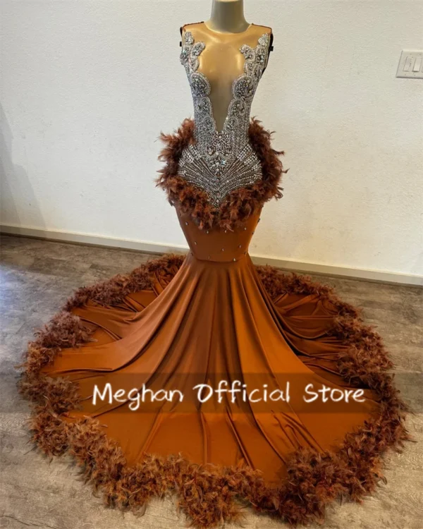 Orange Prom Dresses Bead Crystal Feather Luxury Graduation Gown