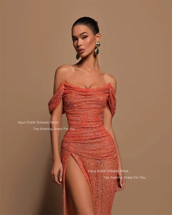 Orange prom dresses with glitter, high slit, off-shoulder style - Image 3